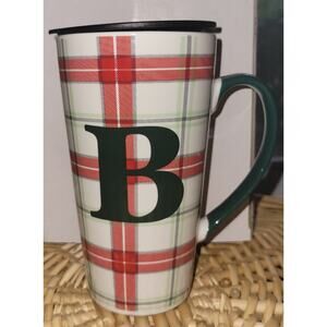 Plaid B Monogram New Bone China Latte Mug, With Lid Box 17oz Made For Belk GC